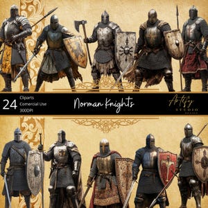 Caballeros normandos: 24 imágenes prediseñadas de guerreros medievales legendarios, fondo transparente, uso comercial