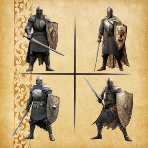 May include: Four images of medieval knights in full armor, each holding a sword and shield. The knights are depicted in various poses, with detailed armor and shields featuring heraldic designs. The background is a parchment-like texture.