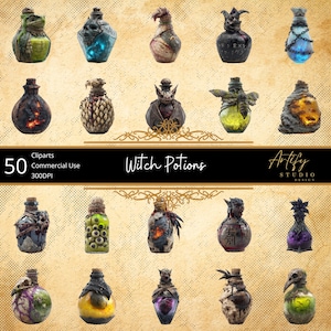 Könnte beinhalten: Eine Sammlung von 15 einzigartigen Hexen-Trankflaschen mit verschiedenen Designs und Farben. Die Flaschen sind auf einem strukturierten, beigefarbenen Hintergrund angeordnet. Der Text "Witch Potions" und "Artify Studio Design" ist enthalten.