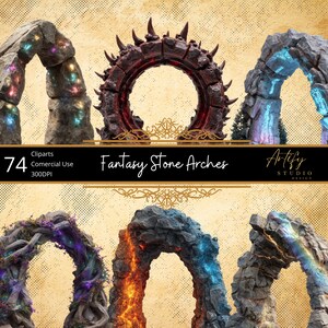May include: A collection of fantasy stone arches with various designs. The arches are made of stone and feature glowing lights, vines, and other decorative elements. The text "Fantasy Stone Arches" is displayed on a black banner.