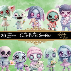 Schattige pastelkleurige zombies-clipart – schattige en kleurrijke zombies – 20 transparante achtergrond-png's voor creatieve projecten, commercieel gebruik