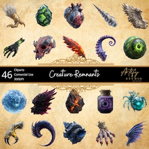 May include: A collection of 46 digital cliparts of fantasy creature remnants. The image features various body parts, including a heart, wings, and a claw, in a variety of colours. The text "Creature Remnants" is displayed in the centre.