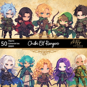 Chibi Elf Rangers – 50 cliparts de fantasia adoráveis e ágeis, fundo transparente, uso comercial