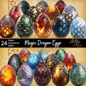 Pode incluir: 24 imagens digitais de clipart de ovos de dragão em várias cores e texturas, incluindo vermelho, azul, verde, dourado e preto. Os ovos têm uma textura escamosa e alguns têm brasas incandescentes no interior. O texto "Magic Dragon Eggs" está na parte superior da imagem.