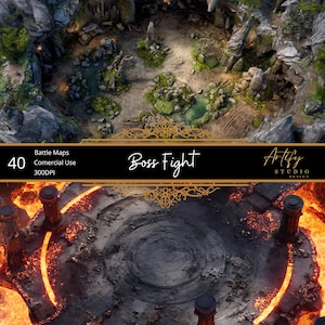 May include: Two fantasy battle maps are shown from above. The top map features a rocky landscape with a pond, bridge, and greenery. The bottom map displays a circular arena with lava and pillars. Text reads "Boss Fight" and "Artify Studio Design".