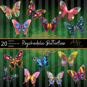 Clipart di farfalle al neon psichedeliche: 20 illustrazioni di farfalle vivaci e surreali: PNG con sfondo trasparente per progetti creativi.