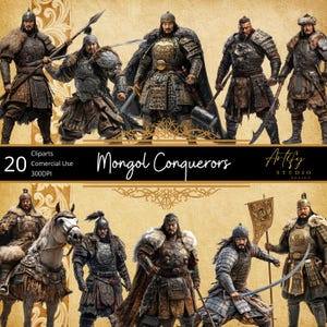 Imágenes prediseñadas de conquistadores mongoles: 20 guerreros mongoles icónicos para proyectos históricos y de fantasía, fondo transparente, uso comercial