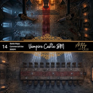 May include: A digital battle map titled Vampire Castle BM featuring two top-down views of a stone castle interior. One scene shows a throne room with a red carpet, and the other displays a long dining table with chairs, both set in a dark environment.