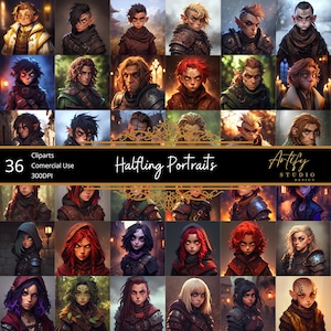 May include: A digital art print featuring 36 portraits of fantasy characters, labeled "Halfling Portraits." The characters have various skin tones, hair colors, and facial expressions. The artwork is labeled "Artify Studio Design" and includes the text "36 Cliparts Commercial Use 300DPI."