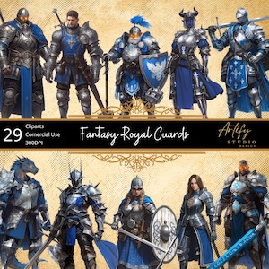 Puede incluir: Imagen de arte digital que presenta a nueve guardias reales de fantasía con armaduras detalladas. Los guardias se representan en varias poses, empuñando espadas y escudos, con una paleta de colores dominada por plata, azul y oro. Incluye el texto "Fantasy Royal Guards" y "Artify Studio Design".
