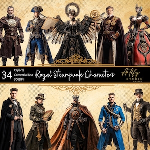 May include: A collection of 34 digital clipart images featuring steampunk characters in royal attire. The characters are dressed in elaborate costumes with gears, cogs, and other steampunk elements. The images are high-resolution and perfect for digital scrapbooking, card making, and other creative projects.