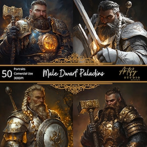 50 portraits de paladins nains masculins - Gardiens de la lumière, portraits numériques de personnages fantastiques TTRPG, MDN, usage commercial