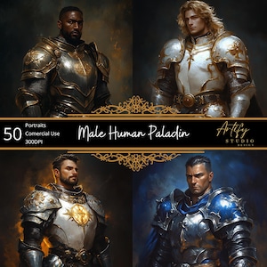 50 portraits humains masculins de paladin, portraits numériques de personnage fantastique TTRPG, MDN, usage commercial