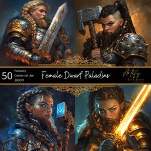 50 portraits de paladins naines - Gardiens de la lumière, portraits numériques de personnages fantastiques TTRPG, MDN, usage commercial