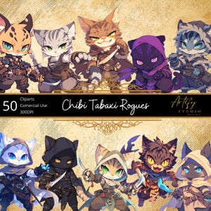 Chibi Tabaxi Rogues – 50 Stealthy Feline Adventurers Cliparts, Fundo transparente, Uso comercial