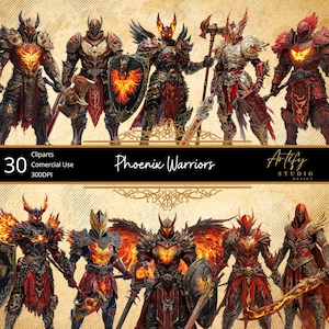 Phoenix Warriors - Héros dans une armure enflammée inspirée du phénix, cliparts fantastiques, arrière-plan transparent, usage commercial