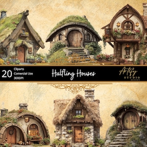 Könnte beinhalten: Digitales Clipart-Set mit 20 skurrilen "Halbling-Häusern" mit Strohdächern, Steinmauern und charmanten Details. Das Bild enthält den Text "Clipart, Commercial Use, 300DPI" und "Artify Studio Design".