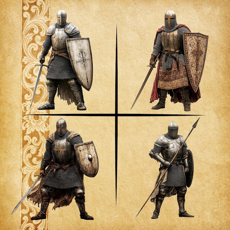 May include: Four medieval knights in full armor, each with a unique design. They are holding swords, shields, and a spear. The knights are set against a parchment-like background, creating a historical aesthetic.