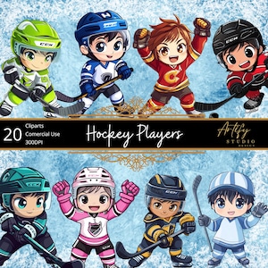 Chibi Hockey Players Clipart – 20 ilustrações fofas de jogadores de hóquei – PNGs de fundo transparente para projetos criativos, uso comercial