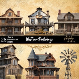 28 Western Buildings – Classic Wild West Structures , Transparent Background , Commercial Use