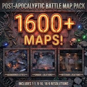 Peut inclure: Un produit numérique intitulé Post-Apocalyptic Battle Map Pack avec le texte orange lumineux 1600+ MAPS! et trois fenêtres carrées montrant des villes abandonnées, des lieux uniques et des intérieurs, avec les résolutions 1:1, 9:16, 16:9.