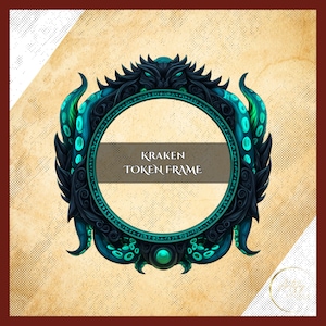 Może przedstawiać: Szczegółowa ramka na żeton Kraken w kolorze morskim i czarnym, z okrągłym otworem. Ramka posiada macki i teksturowany wzór, z tekstem "KRAKEN TOKEN FRAME" na brązowym banerze. Tło jest teksturowane beżowe.