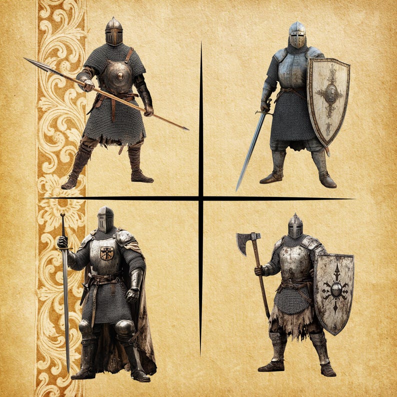 May include: Four medieval knights in full armor, each holding a different weapon: a spear, a sword, a long sword, and an axe. The knights are depicted against a parchment-like background, divided into quadrants.