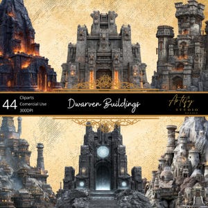 May include: Digital art featuring several detailed dwarven buildings, each with unique architectural designs. The structures are primarily gray with accents of orange and gold, set against a textured, tan background. The image includes text that reads "Dwarven Buildings" and "44 Cliparts Commercial Use 300DPI".