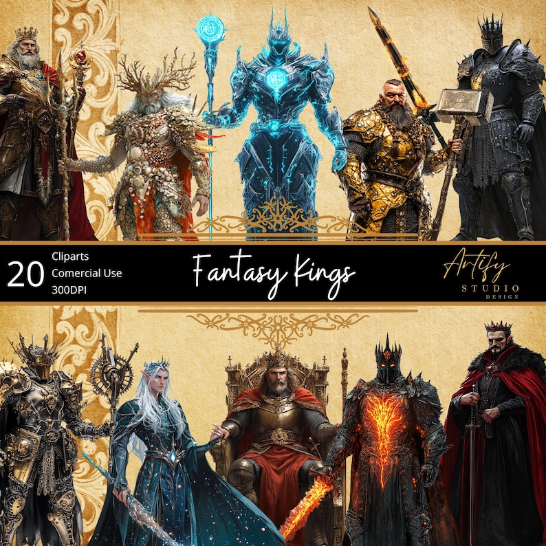 May include: A digital illustration of 20 fantasy kings, each with a unique design and personality. The kings are depicted in various poses, some sitting on thrones, others standing with weapons or staffs. The illustration is set against a background of gold and brown, with a banner that reads "Fantasy Kings".