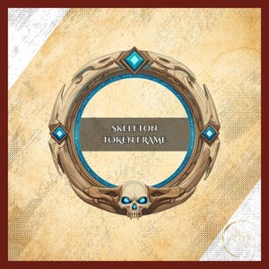 May include: A circular skeleton token frame with the text "SKELETON TOKEN FRAME". The frame is brown with blue accents and diamond-shaped gems. A skull with glowing blue eyes is at the bottom.
