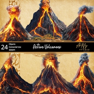 May include: A digital illustration set of 24 active volcanoes with lava flowing down the sides. The volcanoes are set against a brown background with a gold ornate border. The text "Active Volcanoes" is in the center of the border.