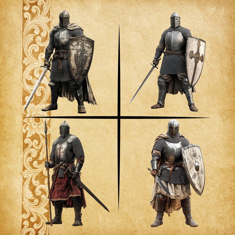 May include: Four medieval knights in full armor, each with a sword and shield. The knights are in different poses, with varying shield designs and armor styles. The background is a parchment-like texture.