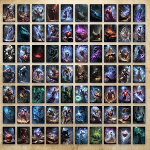 May include: A collection of eighty rectangular fantasy art cards arranged in a grid, featuring diverse illustrations of magical creatures, glowing weapons, dark figures, and mystical artifacts in vibrant blue, purple, and fiery orange tones.