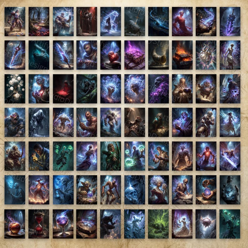 May include: A collection of eighty rectangular fantasy art cards arranged in a grid, featuring diverse illustrations of magical creatures, glowing weapons, dark figures, and mystical artifacts in vibrant blue, purple, and fiery orange tones.