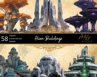 Edifícios alienígenas – 58 cliparts de arquitetura extraterrestre de ficção científica, fundo transparente, uso comercial
