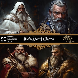 50 portraits de clerc nain masculin - Personnages robustes et dévots, portraits numériques de personnages fantastiques TTRPG, MDN, usage commercial