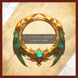 May include: An ornate gold token frame with teal and gold detailing, featuring a circular aperture. The frame is inscribed with the text "Celestial Guardian Token Frame". The design incorporates intricate patterns and a central teal gemstone.