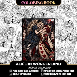 Könnte beinhalten: Ein digitales Malbuch mit dem Titel Alice in Wonderland mit 25 detailreichen Illustrationen. Das Cover zeigt eine düstere, stilisierte Szene, in der eine blonde Figur in einem blauen Kleid einer Königin in einem roten Kleid gegenübersteht, auf 21,59 x 27,94 cm Seiten.