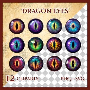 May include: A collection of 12 dragon eye cliparts in various colors, including orange, purple, blue, and green. The eyes have detailed textures and are labeled with the text "DRAGON EYES", "12 CLIPARTS", and "PNG + SVG".