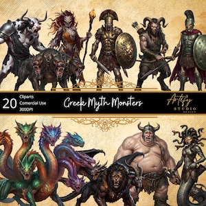 Greek Myth Monster Clipart, DND Bestiary PNG, Medusa Minotaur Hydra Cerberus, RPG Mythology Assets, ttrpg Ancient Creature Graphics