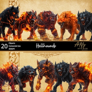 Perros del infierno: 20 imágenes prediseñadas feroces y ardientes, fondo transparente, uso comercial