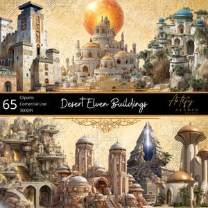 May include: Digital art featuring a collection of desert elven buildings. The image showcases various architectural designs with golden domes, towers, and intricate details. The buildings are set against a warm, sunlit background.