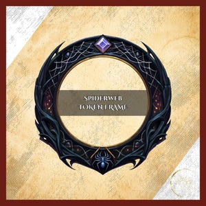 Op de afbeelding: Een zwart en goud Spiderweb Token Frame met een paarse edelsteen aan de bovenkant. Het frame heeft een cirkelvormige opening met de tekst "SPIDERWEB TOKEN FRAME" in het midden. Het frame heeft een spinnenwebontwerp.