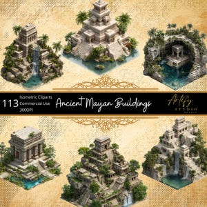 Puede incluir: Clipart isométrico de antiguos edificios mayas. La imagen presenta seis ilustraciones detalladas de templos y estructuras mayas, rodeados de exuberante vegetación y elementos acuáticos. El texto dice "113 Commercial Use" y "Ancient Mayan Buildings".