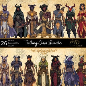 Puede incluir: Un paquete de arte digital con 26 cliparts de clase Tiefling. Los personajes se representan en varios atuendos y poses, con cuernos y otros elementos de fantasía. La paleta de colores incluye tonos de morado, dorado, verde y rojo. Se muestra el texto "Tiefling Class Bundle".