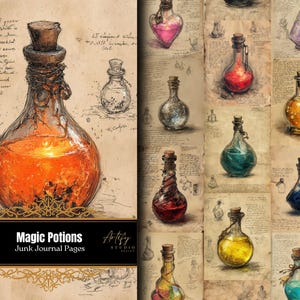 Op de afbeelding: Illustraties van drankflessen met kurken, gevuld met kleurrijke vloeistoffen. De afbeelding toont een grote fles met oranje vloeistof en de tekst "Magic Potions Junk Journal Pages". De achtergrond is verouderd papier.