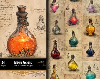 Magic Potions Junk Journal Printables, Fantasy Scrapbook Pages, Vintage JPG, Digital Download , Commercial Use