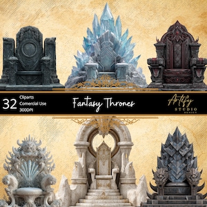 Könnte beinhalten: Eine Sammlung von Fantasy-Thron-Cliparts. Das Bild zeigt sechs verschiedene Thron-Designs, darunter ein dunkelgrauer Steinthron, ein Thron mit einem großen blauen Kristall und ein rot-schwarzer Thron. Der Text "Fantasy Thrones" wird in der Mitte angezeigt.