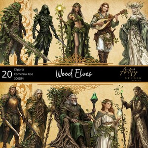 Clipart elfes des bois - habitants de la forêt mystiques et enchanteurs - 20 fichiers PNG d'arrière-plan transparent pour projets fantastiques, usage commercial