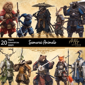 Samurai Animals – 20 guerrieri animali antropomorfi in armatura da samurai, clipart fantasy, sfondo trasparente, uso commerciale